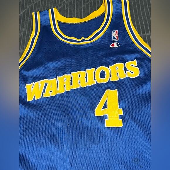 Champion Warriors Jersey Size 48 Chris Webber #4 Blue Yellow Vintage 90s - Picture 5 of 7